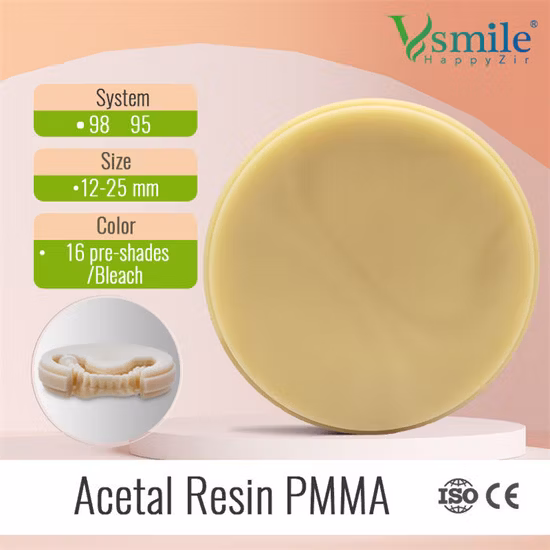 Disco in acetale PMMA da 95 mm Grezzi flessibili in PMMA dentale A2 A3 Blocchi multistrato di colore trasparente per Zirkon Zahn